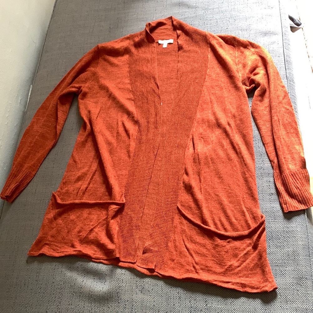 Eileen Fisher linen high collar cardigan, size M